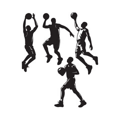 Art & Silhouettes of Basketball Players, Sport Men, Collection, Silhouette, Jump, Run, Ball, Lifestyle, Playoff, Dynamic, Player Illustration, Sport Silhouette