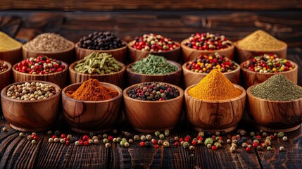 Fototapeta premium Assorted Colorful Spices in Wooden Bowls on Rustic Wooden Table