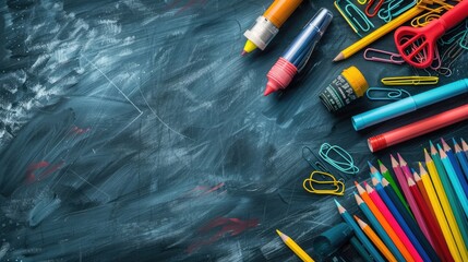 Colorful School Supplies on Chalkboard Background for Back to School and Education Themes