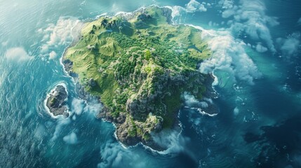 Tranquil Isolation on an Uninhabited Island: Aerial Perspective of Rugged Coast and Verdant Wilderness in Calm Waters