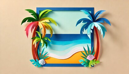 Obraz premium Colorful paper art of palm trees with beach view