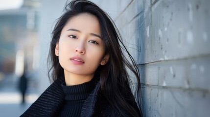 Portrait of a young Chinese woman, modern fashion, urban background, clear skin