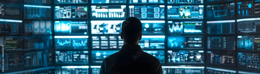 Poster cybersecurity expert analyzing critical data on multiple screens for information protection