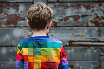 Young boy seen from behind wearing a colorful rainbow sweater against a textured metal background
