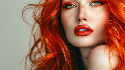 Stylish portrait of a woman with vibrant red hair, flawless makeup, elegant beauty