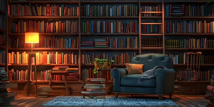 An animated bookshelf with many books an armchair and a standing lamp. Concept Furniture Design, Interior Decor, Home Library, Reading Nook, Cozy Corner