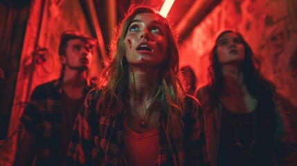 A group of teenagers go to the Haunted House, looking around in horror.