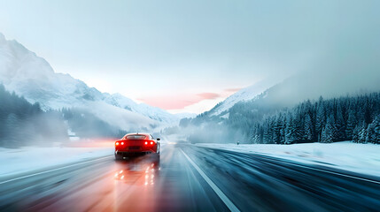 Red car driving on a snowy mountain road with mist and trees at sunset, symbolizing winter travel and adventure.
