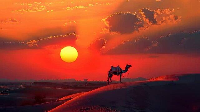 An Indian Bedouin with a silhouetted camel in the sand dunes of the Thar desert at sunset