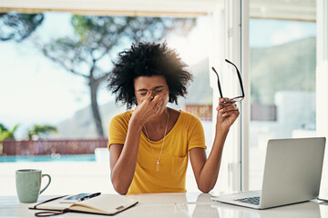 Woman, employee and home with stress on laptop for internet or online error with research for...
