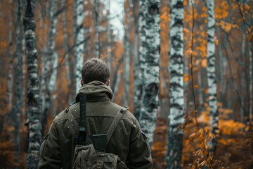 Obraz premium Lone traveler with a backpack ventures through a serene birch woods in the fall season