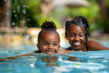 Portrait of happy african american mother and daughter in swimming pool in aquapqrk