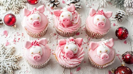 Homemade pink pig cupcakes with protein cream and marshmallow piggies for Christmas and New Year 2019 top view treat for kids