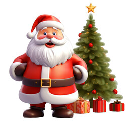 3D Santa Claus stands in front of a Christmas tree on transparent background. The tree is decorated with lights and ornaments, and there are several presents scattered around it.