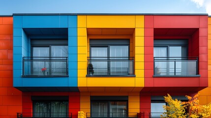 Modern building featuring colorful facade with vibrant blue, yellow, and red panels, and balcony views. Urban architecture in autumn.