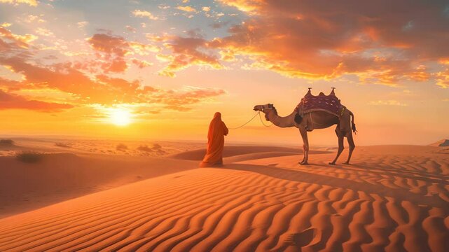 An Indian Bedouin with a silhouetted camel in the sand dunes of the Thar desert at sunset