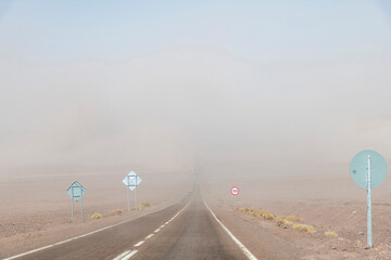 Drivers perspective view over the two lane road near San Pedro de Atacama, Antofagasta, Chile...