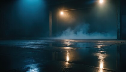 The dark stage shows dark blue background an empty dark scene neon light 