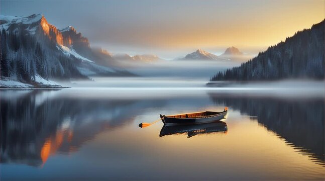 Empty boat floating in the middle of a lake surrounded by mountains.