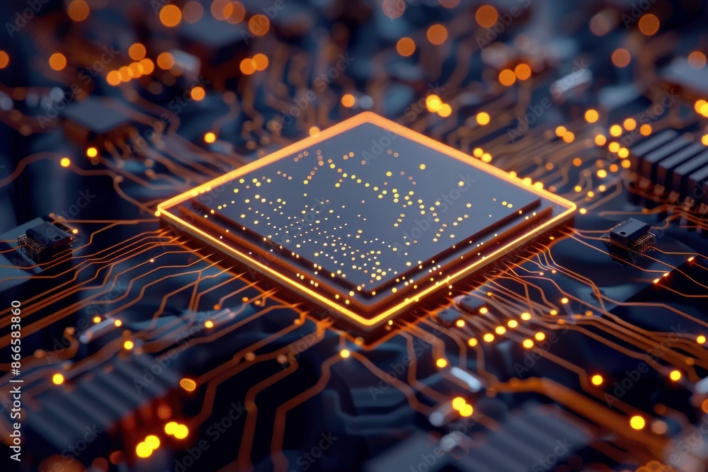 Poster a closeup view of a glowing cpu chip and motherboard circuit paths