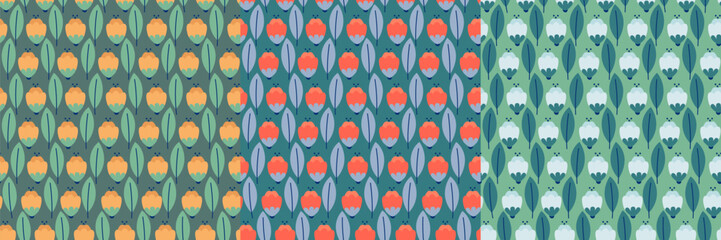 Spring tulips seamless pattern collection. Bright flowers on colorful background. Floral springtime