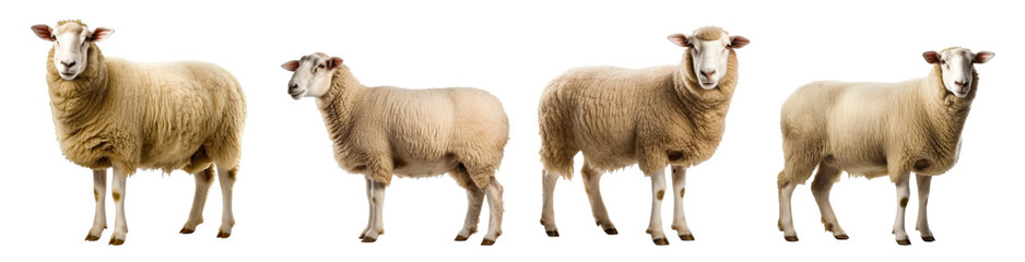 A photograph featuring four white sheep standing side by side, facing the camera on a white background