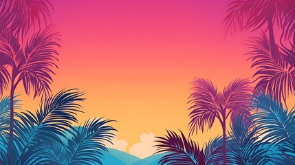 summer background with palm trees. Summer horizontally banner with palm leaves. Colorful summer background banner design. Horizontal poster, greeting card. Generative Ai