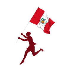 Vector illustration of man running and holding Peru flag in hands on transparent background