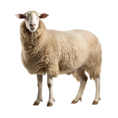 Fototapeta premium A white sheep with thick wool stands confidently on a white background, looking directly at the camera with front legs forward and head held high