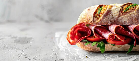 Italian deli sandwich with mortadella, Stracchino cheese, and tomatoes in a close-up shot with empty space.