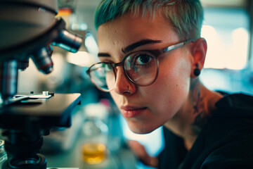 A scientist is diligently examining specimens under a powerful microscope in a modern laboratory, emphasizing the detailed study and meticulous nature of biological research.