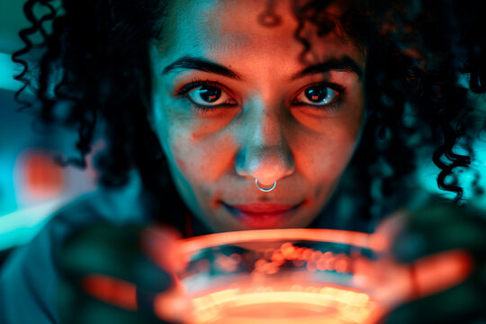 A focused scientist studying a glowing sample under red illumination in a laboratory setting, emphasizing precision and attention to detail in scientific research.
