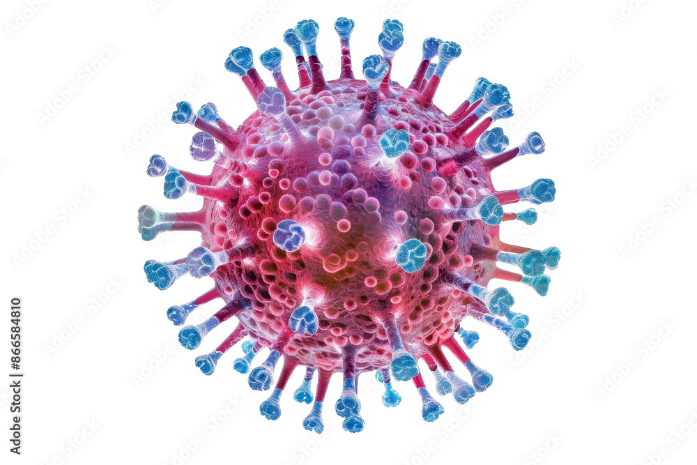 Poster detailed 3d rendering of a virus cell showing structure and spikes, highlighting its intricate and c
