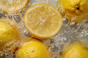 Vibrant closeup of lemon slices submerged in effervescent water with bubbles