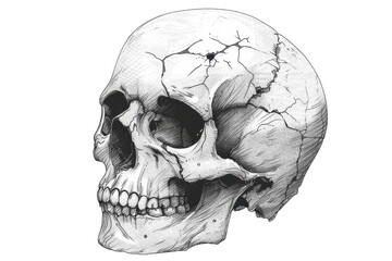 Obraz premium Detailed black and white illustration of a cracked human skull, showcasing its anatomical structure and artistic design for educational and artistic use.