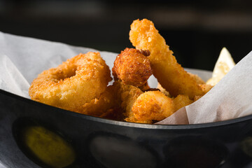 Deep fried squid, shrimp and mussels with sauces on the side