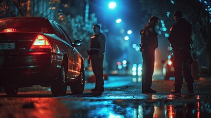 Police officers questioning a driver during night patrol