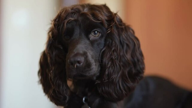 Young dark brown English Cocker Spaniel, close-up portrait. Young dark brown English Cocker Spaniel on the bed. A playful English Cocker Spaniel puppy looks at the camera. Happy puppy, soft focus