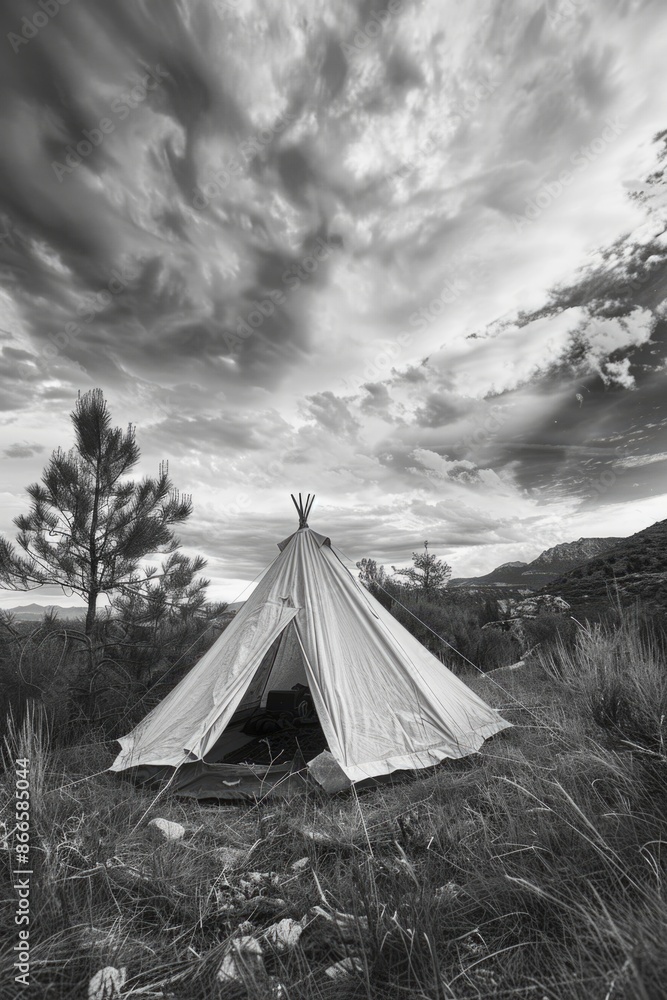 Poster a teepee is set up in a field with a cloudy sky in the background