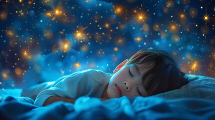 It's a peaceful scene with a child sleeping under a starry sky. Beautiful animation with vibrant image quality.