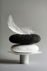 A minimalist composition of a white feather balancing on black and white stones, symbolizing simplicity and balance.