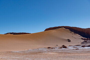 Valle de la Luna (Valley of the Moon) with stone, sand and salt formations carved by wind and water in Atacama Desert near San Pedro de Atacama, Antofagasta, Chile similar to surface of the Moon