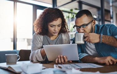 Tablet, reading or couple with financial budget, investment growth or planning savings online on...