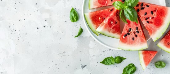 Cut slices of ripe watermelon with seeds on white ceramic surface from above