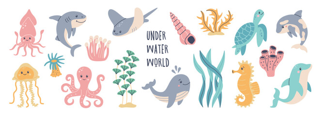 Set of hand drawn marine life. Fish and wild sea animals. Octopus, seahorse, whale, dolphin, killer whale, turtle, squid, cachalot. Algae and seashells. Vector cute flat cartoon illustration.