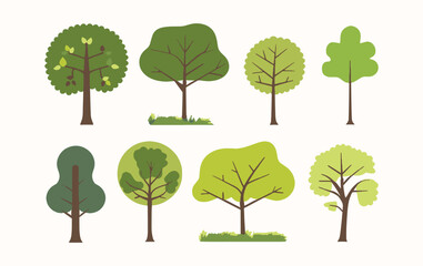 Tree collection hand drawn flat design element. botanical set of bare trees and ones with leaves and lush limited pastel color