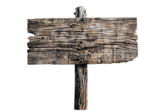 Rustic wooden sign board on isolated transparent background. Perfect for adding custom text or directional information in a vintage style.