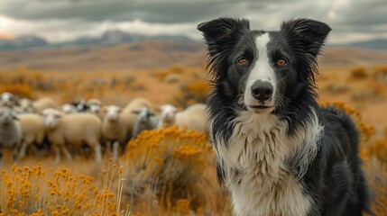 Fototapeta premium Focused Border Collie Herding Sheep in Serene Meadow - Documentary Photography of Working Dog in Pastoral Setting