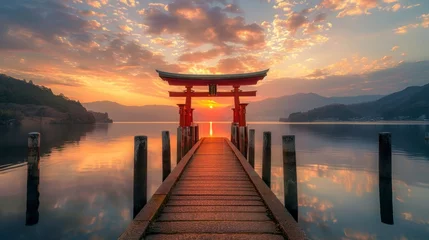Fotobehang nice pier with Torii Gate at the end in the middle of a lake and a beautiful sunset © Marco