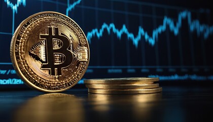 Gold 3D coins of Bitcoin, BNB and Ethereum on a gold blurred background with cryptocurrency graph